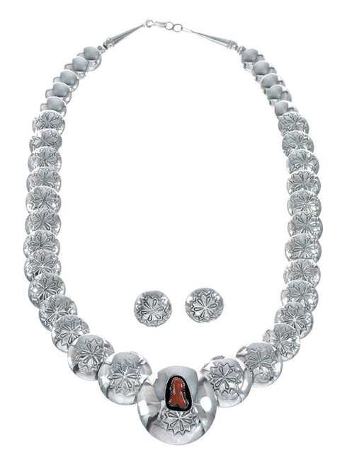 Navajo Reversible Sterling Silver and Coral Necklace Earrings Set SN20291